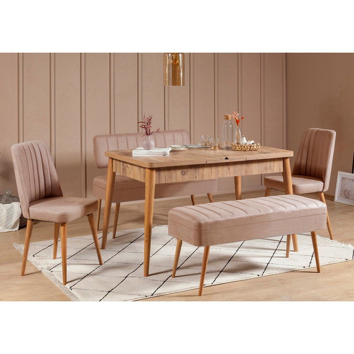 Hanah Home 0900 - 4 Conjunto Mesa y Sillas Extensible Pino Atlántico y Piedra Terciopelo